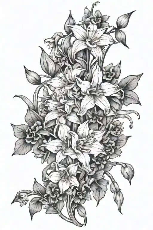 larkspur flowers intertwined with Paperwhite narcissus intertwined with daisy intertwined with gladiolus tattoo design idea
