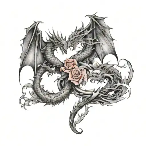 3 dragons wrapped with rose intertwined hearts tattoo design idea