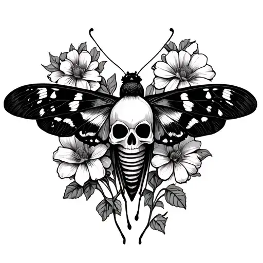moth with skull and flowers tattoo design idea
