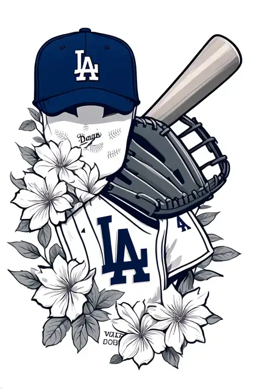 LA Dodgers with floral, baseball cap, baseball glove, and baseball bat tattoo design idea