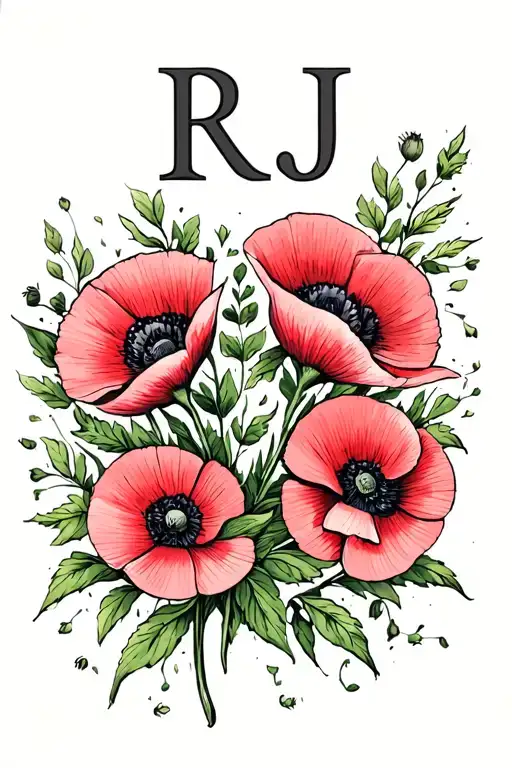 Memorial for child with name RJ and poppy flowers tattoo design idea
