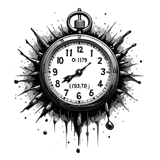 Create a stopwatch or clock that has run rampant, causing the numbers to fall,  Include the dates 01/19/23, and 03/17/26 tattoo design idea