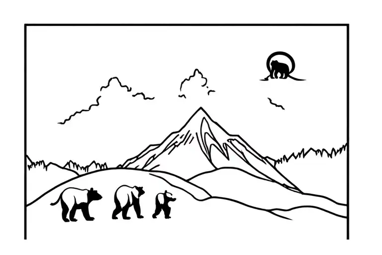 A mama and papa bear walking with two cubs under a mountain. A baby bear cub watches from the heavens with a halo tattoo design idea
