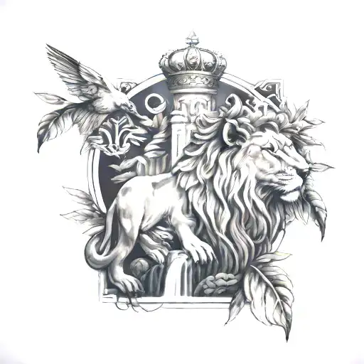 Dove and lion wearing a crown with temple and waterfall. olive branch accents tattoo design idea