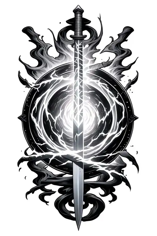 magic circle with a lightning katana blade wrapped tattoo design idea