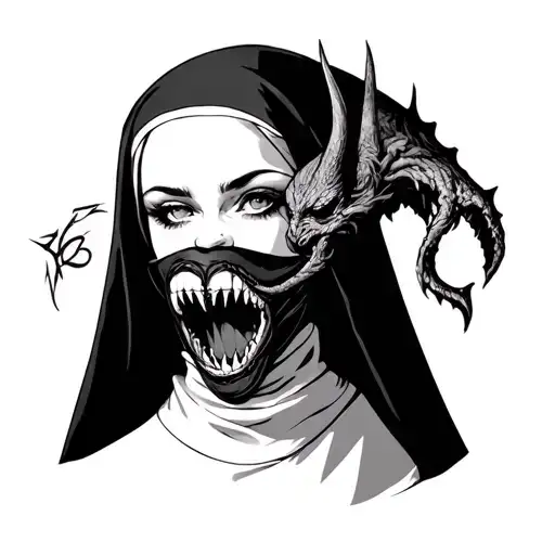 tattoo of a nun with a demon behind covering her mouth tattoo design idea