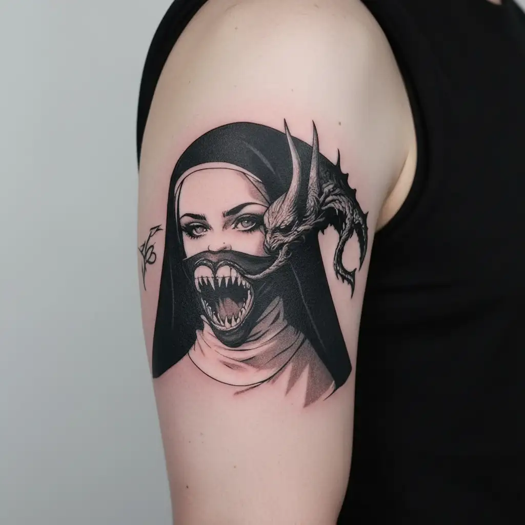tattoo of a nun with a demon behind covering her mouth tattoo design idea