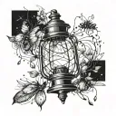 a lamp with fireflies around it tattoo design idea