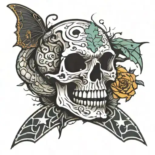 witchy snake wrapping around a skull surrounded by flying bats tattoo design idea