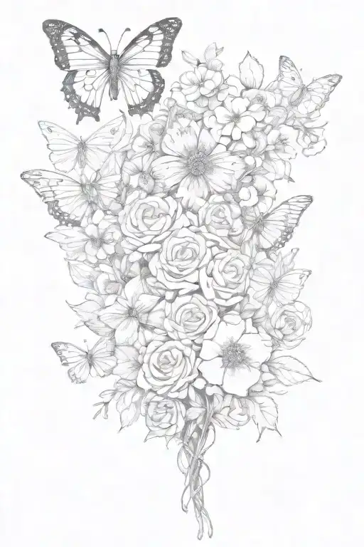 Bouquet and hearts and butterflys tattoo design idea