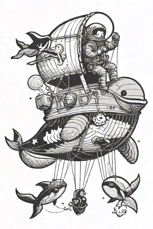 an asteonaut holding onto a rope that is trailing off of a floating hot air balloon and has a whale stuffed animal  tattoo design idea