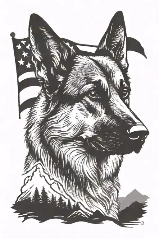German shepherd American flag saying "diabetes" mountain scene tattoo design idea