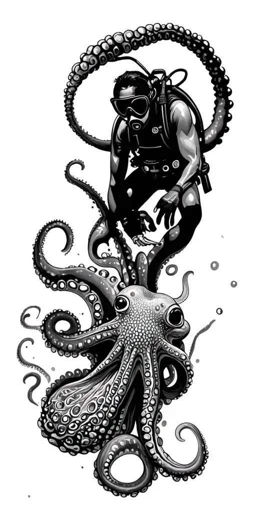 scuba diver exploring a coral reef with octopus tentacles tattoo design idea