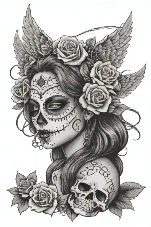 Girl day of the dead with roses and barbwire and wings and $100 bills and a spartan tattoo design idea