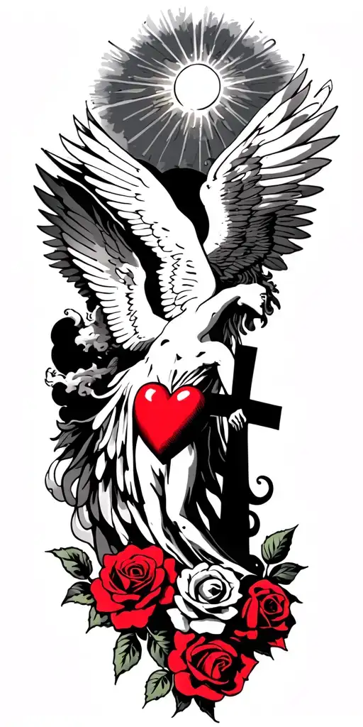 icarus flying with a heart with rays and clouds and a cross with lightly red colored roses throughout tattoo design idea