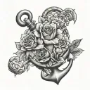 ship anchor wrapped with June, July, September and December birth flowers  tattoo design idea