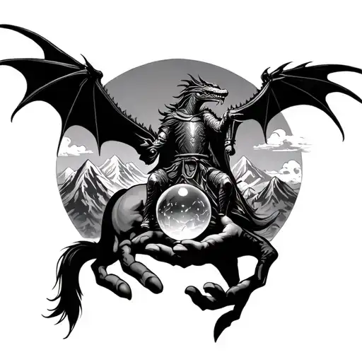 dragon flying over mountains a knight on a horse and a pair of hands holding a crystal ball tattoo design idea