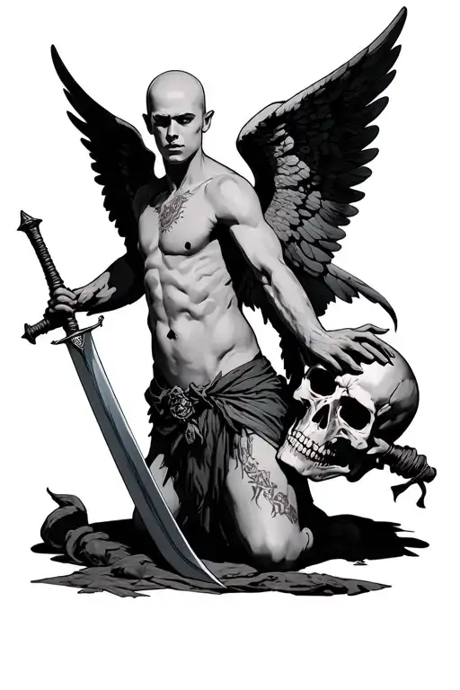 bald angel wearing a loin cloth on one knee with wings spread stabbing a skull with a broadsword tattoo design idea
