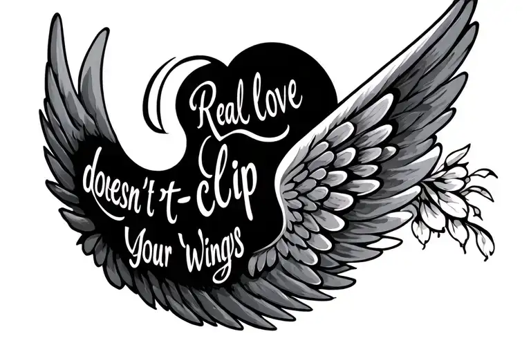 "Real love doesn't clip your wings" with an angel wing next to it tattoo design idea