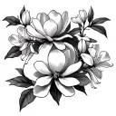 magnolia flower on hip with honeysuckle flowers in realism. some kind of vine going above the pubic line tattoo design idea