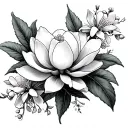 magnolia flower on hip with honeysuckle flowers in realism. some kind of vine going above the pubic line tattoo design idea