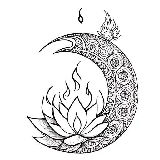 “A black-and-white mandala tattoo featuring a crescent moon above a burning diya flame, surrounded by lotus petals formi tattoo design idea