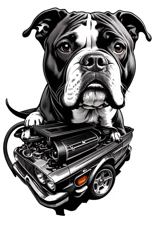 american bulldog on top of car engine transformed tattoo design idea