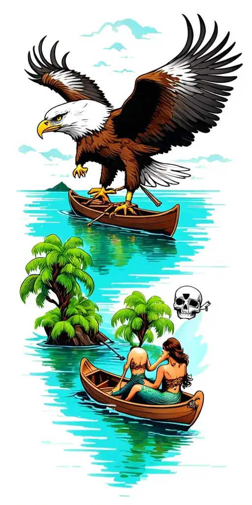 bald eagle at top of sleeve and a Peter Pan lagoon in a rowboat skull island around the elbow mermaids below the boat tattoo design idea