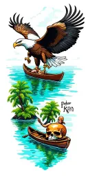 bald eagle at top of sleeve and a Peter Pan lagoon in a rowboat skull island around the elbow mermaids below the boat tattoo design idea