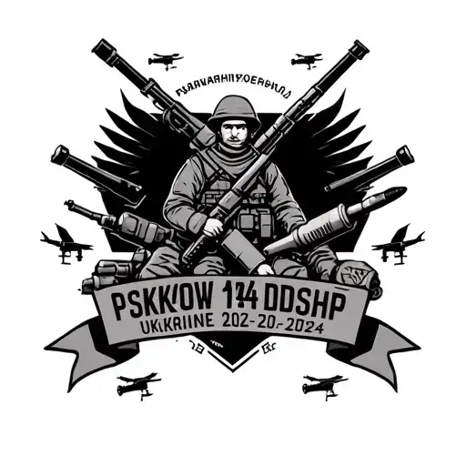 Airborne troops, artillery, mortar shells, bullets, few drones, inscription "Pskov 104 DSHP", "Ukraine 2022-2024", tattoo design idea