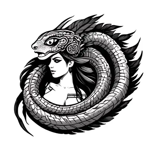 aztec feathered serpent wrapped around aztec women warrior's body tattoo design idea