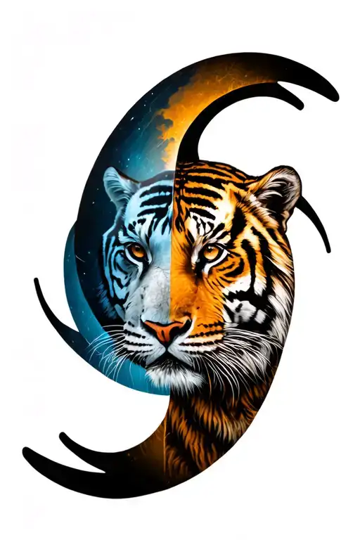 circular tatoo right half Tiger face and left half moon  tattoo design idea