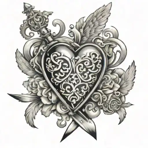 heart with knives, angels, renaissance frescoes tattoo design idea