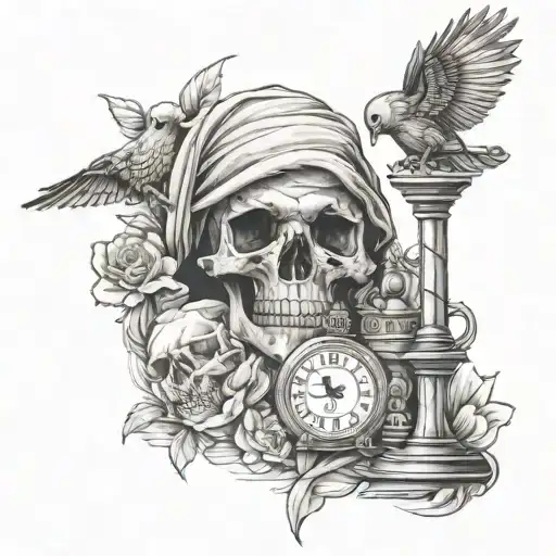skull, lady justice, chess piece, flowers, sand timer, bird, ship in storm tattoo design idea