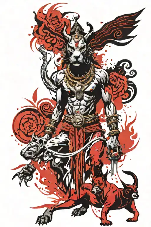 Lord kaal bhairav in his fierce form standing in tribe attire with black great dane dog tattoo design idea