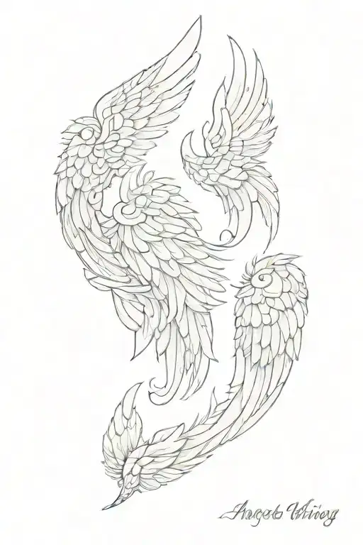 3 angel wing sets with feathers floating around them tattoo design idea
