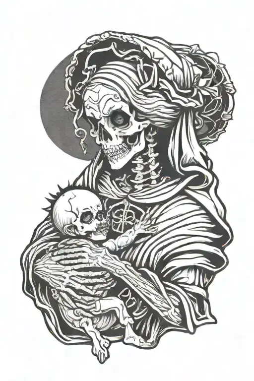 skeleton mary holding alien baby jesus christ tattoo design idea