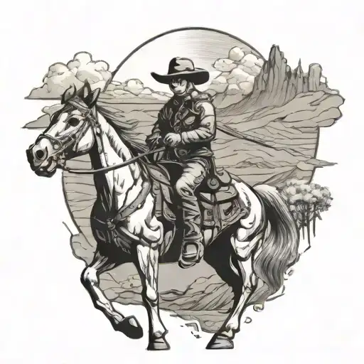 Western skeleton cowboy riding his horse with his gun mountains in the background  tattoo design idea