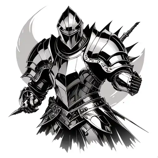 Chrome cyber-realism fused with gothic medieval aesthetics. A cyber-medieval knight’s armored. Reflective chrome plates tattoo design idea