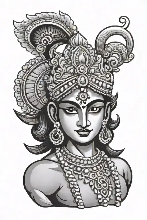simple 4*3 inch tattoo of muscular lord krishna. he should be muscular and in battle pose. draw simple tattoo tattoo design idea