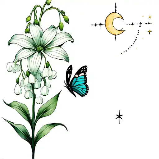 lily of the valley flower with a butterfly on it with a supernova and a crescent moon  tattoo design idea