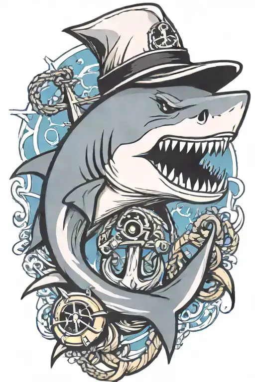 shark biting an anchor wearing a sailor hat tattoo design idea