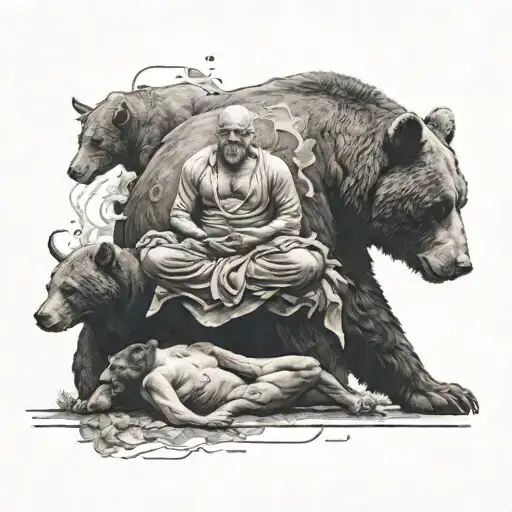 a human meditating in the middle on the left there is a bear and on the right there is a bull charging at the person med tattoo design idea