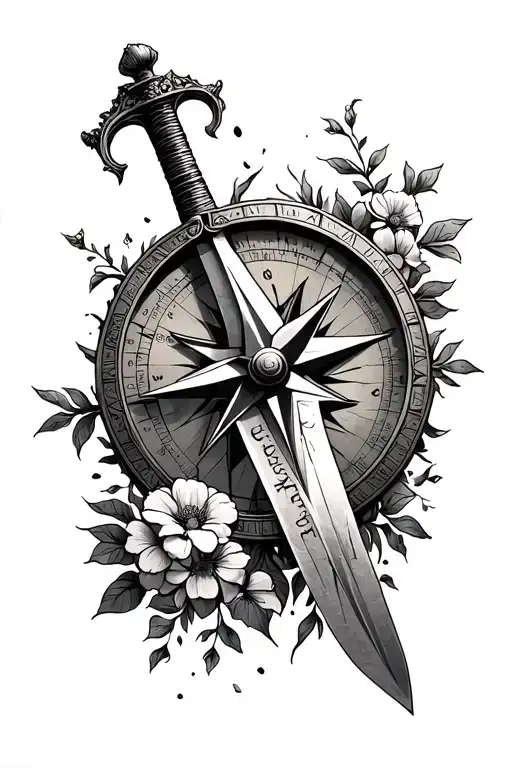 shattered sword behind a compass (with the outer ring of the compass being a roman sundial), overgrown with flowers  tattoo design idea