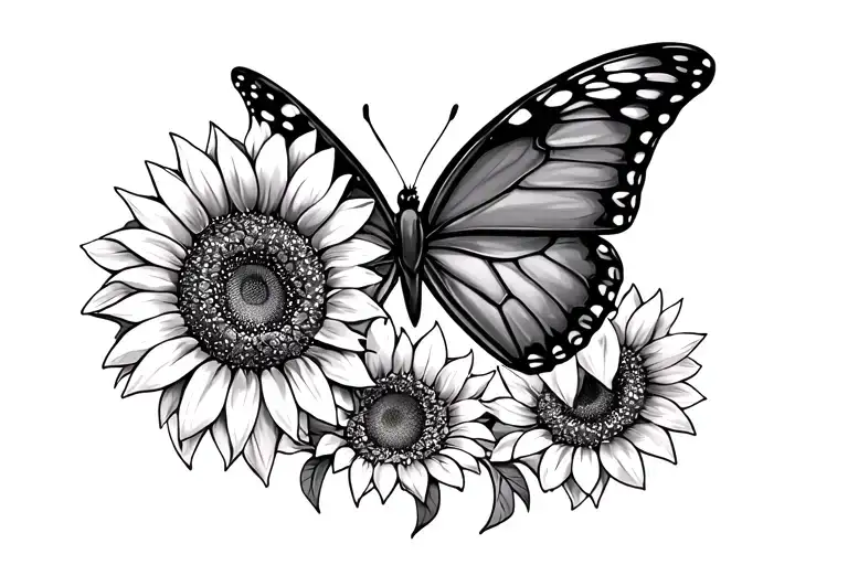 Butterfly on the ribs, with sunflowers tattoo design idea