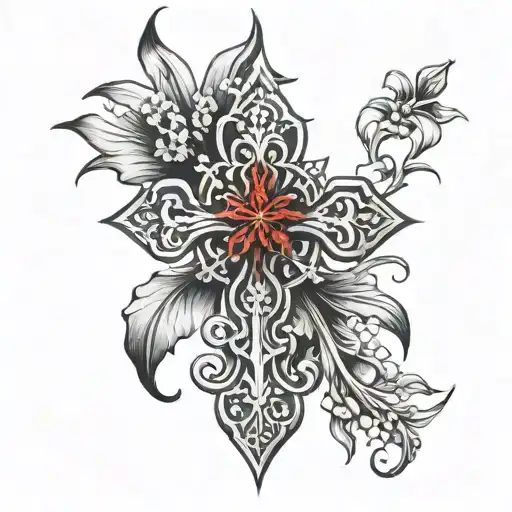 orthodox cross with red spider lilly wrapping around it. tattoo design idea