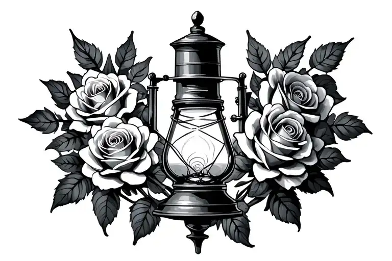 mining lamp surrounded by roses intertwined tattoo design idea