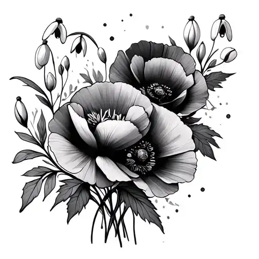 Poppy And Snowdrop flower bouquet tattoo design idea