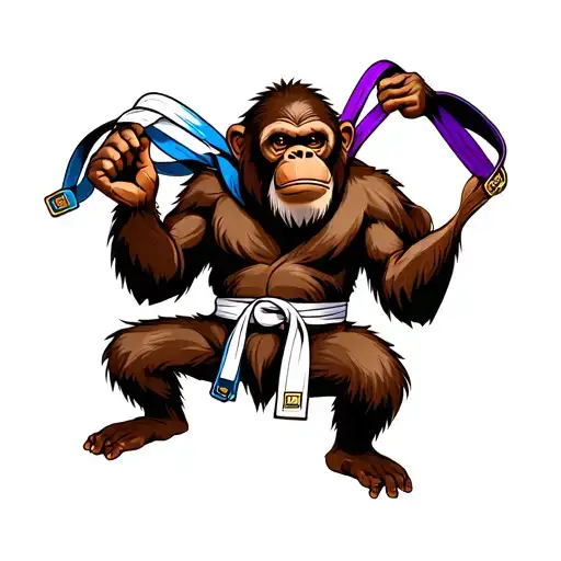 Old orangutan wearing a gi holding white, blue, purple and brown belts in one hand with the opposite hand helt open. tattoo design idea
