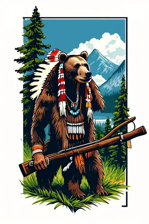 Native American and bear hunting bow hunting scene tattoo design idea